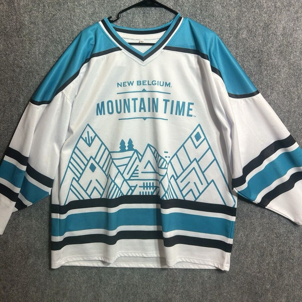 New Belgium Brewing‎ Company Mountain Time Blue White  Hockey Jersey Size XL